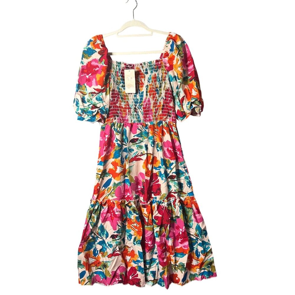 Fashion Dress‎ Women L Floral Multicolor Midi Smocked Puff Sleeve Tiered NEW